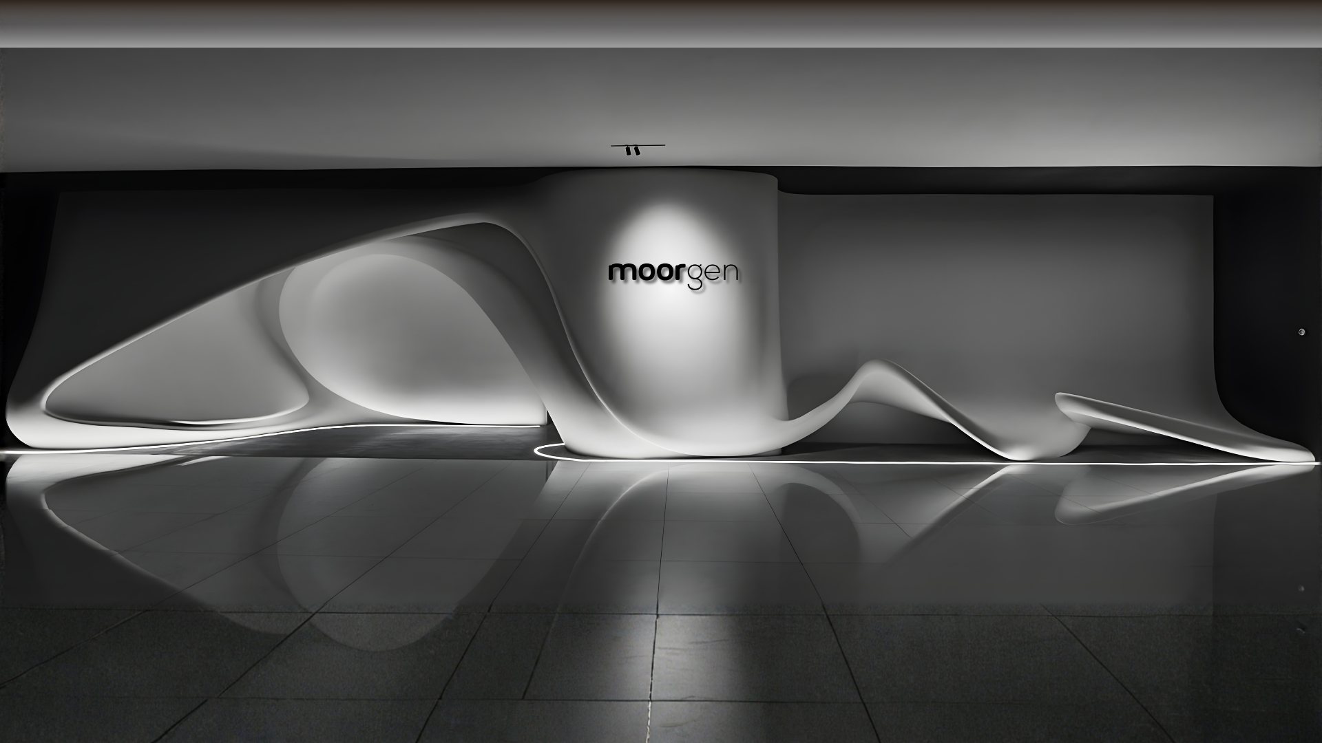 The Moorgen showroom reception, sculpted white forms and a line of light on the floor